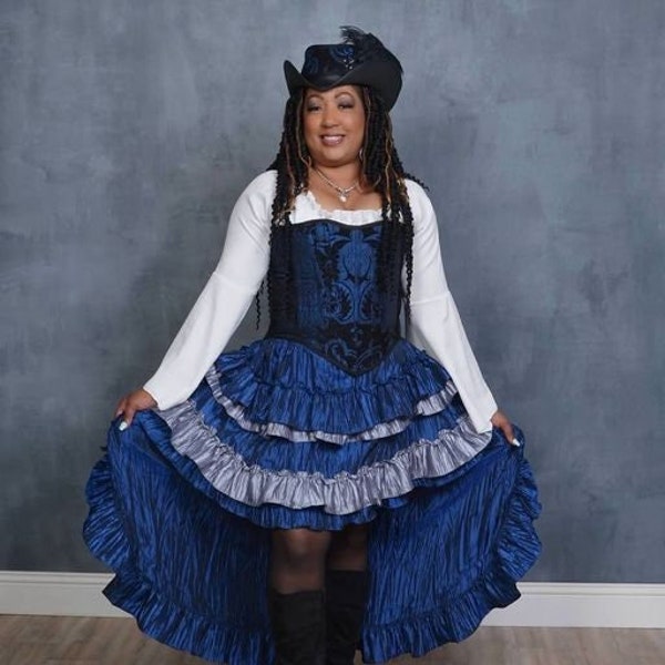 Blue with Silver and Blue Ruffles Wild West Skirt, High-Low Ruffles, Women Pirate Costume, Renaissance, Steampunk, Saloon Girl, Western