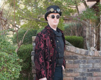 Black and Red Captain's Coat, Pirate Captain, Steampunk Airship, Admiral, Renaissance Faire, Victorian Jacket, Pockets, Damask Brocade,