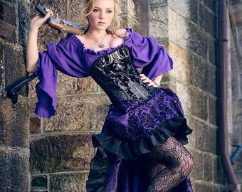 Steampunk Skirt, Purple and Black, Renaissance, Pirate, Ruffle Skirt, Hi-Low, Victorian, Medieval, Western, Dustpunk