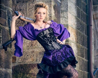 Purple, Black, and Silver Steampunk Corset Costume, Pirate, Saloon Girl, Airship, Wild West, Victorian, Renaissance Blouse, Skirt West World
