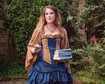 Dark Tan Cotton Chemise, Wizard, Witch, House Colors Blue Bronze, Steampunk, Renaissance, Western, Peasant Blouse, Pirate, Fairy, Top, Shirt