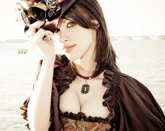 Brown Pirate Costume, Renaissance, Steampunk, Cosplay, Corset, Peasant Blouse, Saloon Skirt