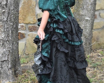 Black & Green Wild West Skirt, Steampunk, Ruffle Skirt, Witch, Renaissance, Pirate, High-Low Skirt **Please see fabric description**