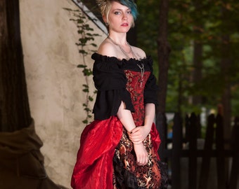 Gold and Black Steampunk Skirt, High-low, Victorian, Ruffles, Western, Wild West World, Renaissance Festival, Ren Fair, Flocked Taffeta