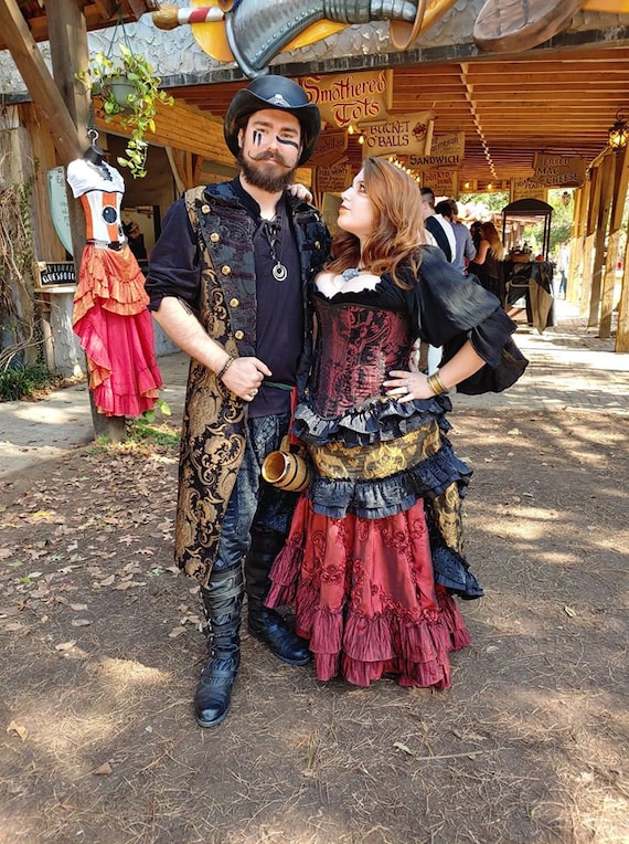 Couple Pirate Costume Gold and Red, Pirate Jacket, Pirate Corset, Chemise,  Saloons Skirt, Wild West Skirt, Ren Faire, Pirates, Halloween 