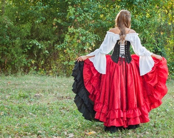 Red Fancy Saloon Skirt, Renaissance Faire Costume, Ren Fest Cosplay, Traveler, Pirate, Princess, Long Skirt, Circle Skirt