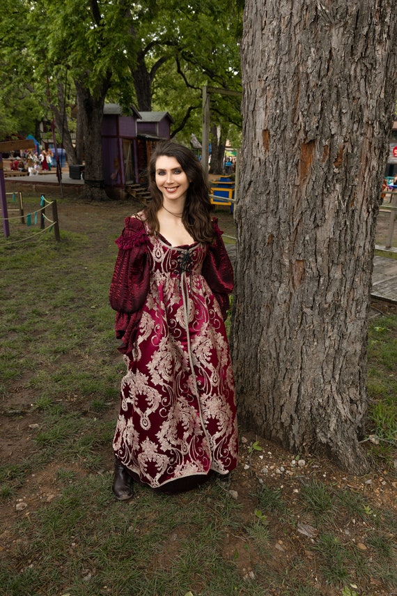burgundy renaissance dress Renaissance and Tudor Era Velvet Juliet Sleeve Gown in Burgundy