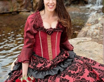 Deluxe Saloon Rock Custom und Steampunk Rock, Steampunk, Kostüme, Lang, Hoop, Crinoline, Flauschig, tiefes Burgund und Schwarz, Goth, Victorian