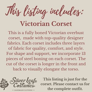 May include: A text-based listing for a Victorian corset. The listing includes a description of the corset, which is fully boned and made with high-quality fabrics. The listing also includes a logo for Silver Leaf Costumes, a handmade clothing company.