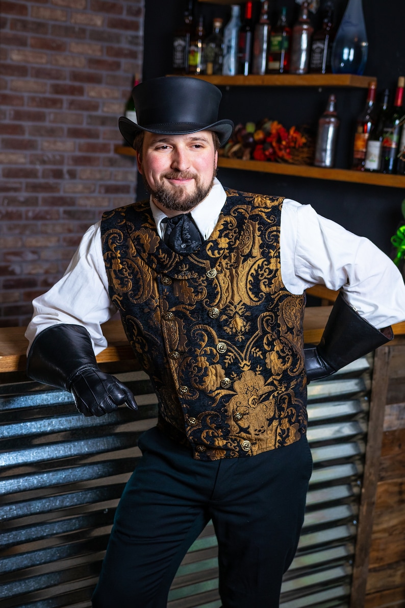 Men’s Steampunk Vests, Waistcoats, Corsets Gold and Black Vest Mens Double Breasted Vest Steampunk Victorian Renaissance Pirate Halloween Costume Gothic Dickens Wedding $200.00 AT vintagedancer.com