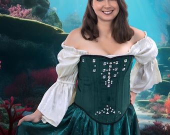 Mermaid Emerald Corset with Jewels, Fairy, Steampunk, Pirate, Renaissance, Victorian, Halloween, Cosplay, Steel-Boned, Ren Fair