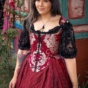 Red and Gold Pirate Corset, front lace, back lace, with straps, Victorian, Renaissance, Steampunk,