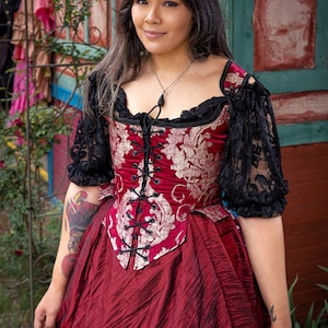 Plus Size Red and Gold Pirate Corset, front lace, back lace, with straps, Victorian, Renaissance, Steampunk