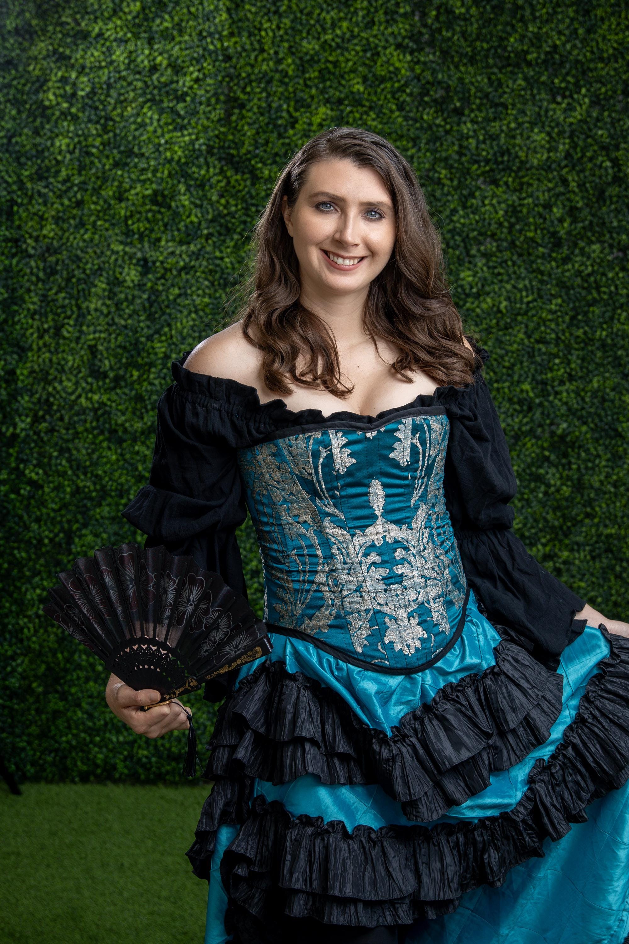 steampunk victorian corset women's dark blue and black angel dress Blue 1980s Gothic Steampunk Floral Print Lace Patchwork Bubble Dress This is a fully boned Victorian over bust corset  Victorian Gothic Elegance with