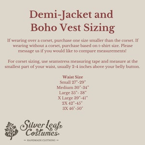 May include: A sizing chart for a demi-jacket and boho vest. The chart lists waist sizes in inches, ranging from 27 to 50 inches. The chart also includes instructions for measuring your waist for a proper fit.