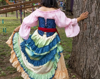 Ombre Blue, Gold, and Light Green Wild West Skirt, High-Low Ruffles, Pirate, Renaissance, Steampunk, Fairy, Fantasy, Skirt