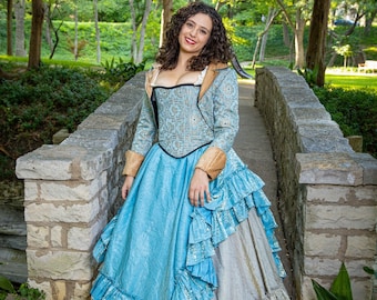 The Blue and Gold Costume with Cropped Pirate Jacket, Corset, Renaissance, Pirate, Mermaid Cosplay, Fairy, Renaissance Costume, Ballgown