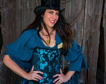 Teal Cotton Blouse, Chemise, Peasant Blouse, Steampunk, Renaissance, Western, Pirate, Fairy, Shirt, Saloon Girl, Wench, Costume Shirt