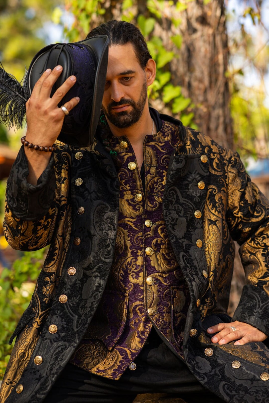 服/ファッション PeterStone: Large Gold Plating Pentacle Black and Gold Captains Coat, Pirate, Renaissance, Victorian