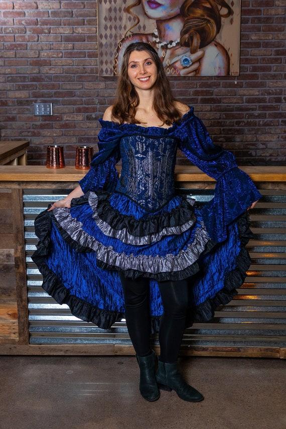 Blue Renaissance Print Woven Structured Corset Long Top