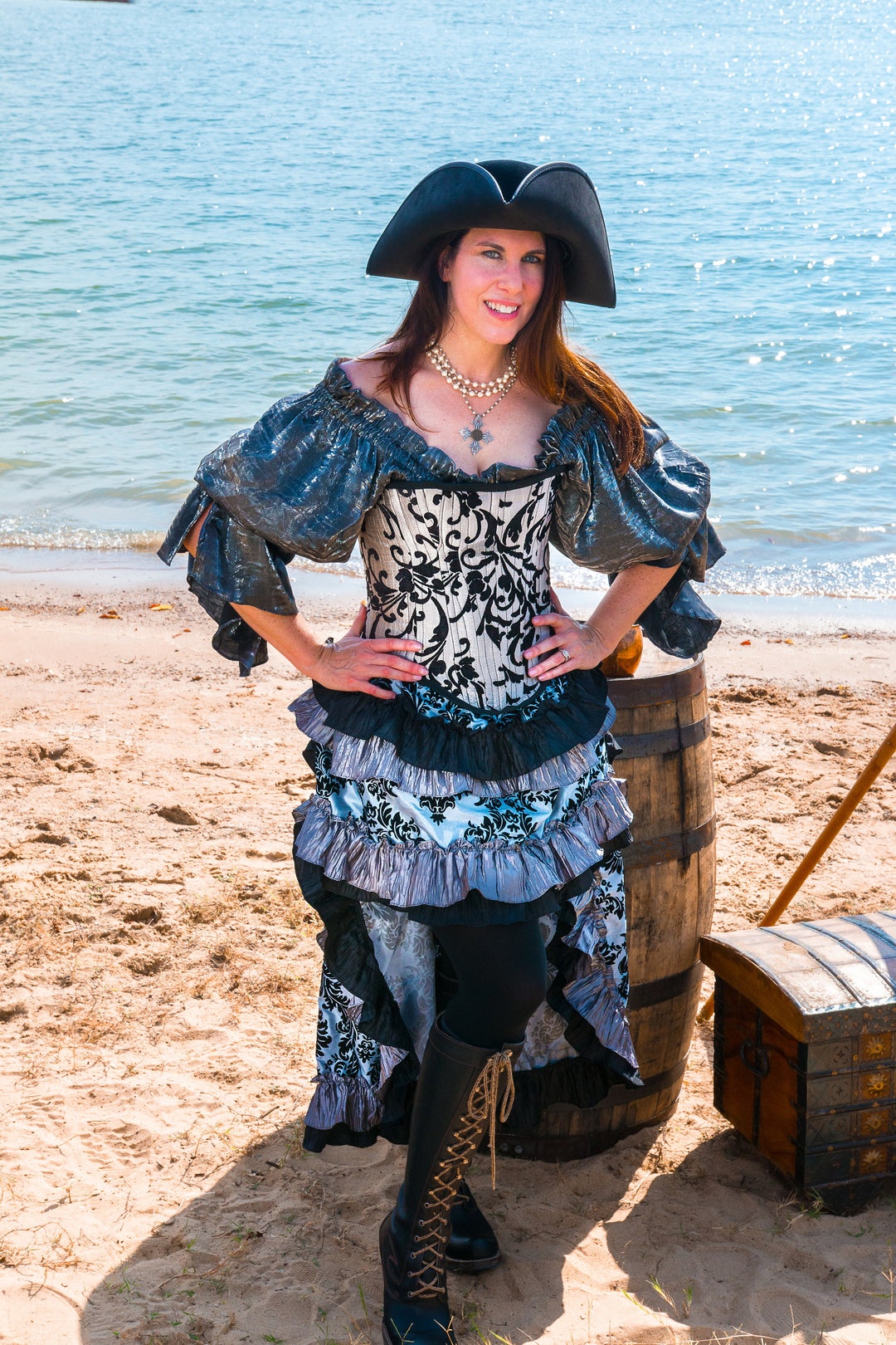 Silver and Black Wild West Skirt, High-low Ruffles, Women Pirate Costume,  Renaissance, Steampunk, Saloon Girl, Western, Silver Leaf Costumes 