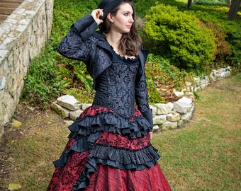 Wild West Skirt, Burgundy with Black with Black Ruffles, Pirate Skirt, Western, Steampunk, Vampire, Halloween, Skirt