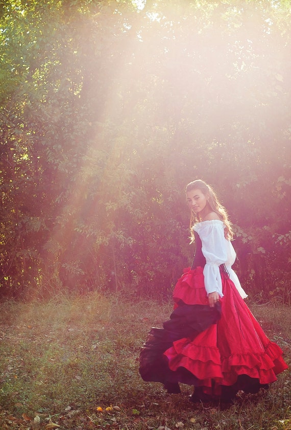Red and Black Corset Costume, Pirate, Steampunk, Renaissance Festival, Ren Fair, faire, Peasant Blouse, Shirt, Chemise, Victorian, Western