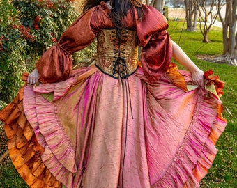 Gold und Rosa Saloon Girl Rock, Steampunk, Viktorianisch, Renaissance, Ren Fair, Herbst, Fee, Dirne, Pirat, Kostüm, Western, Rüschen