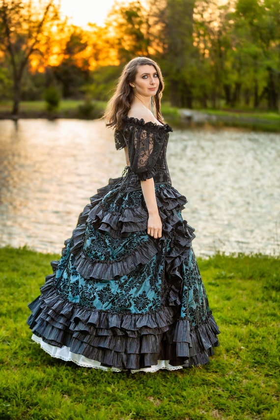 Corset-Inspired Bodice Flowing Skirt Black Lace Dress Corset-Inspired Bodice Flowing Skirt Black Lace Dress