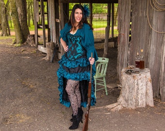 Black with Dark Teal Ruffles Wild West Skirt, Western, Steampunk, Victorian, Pirate, Dustpunk, Ruffles, High-Lo, Fairy, Renaissance Fair