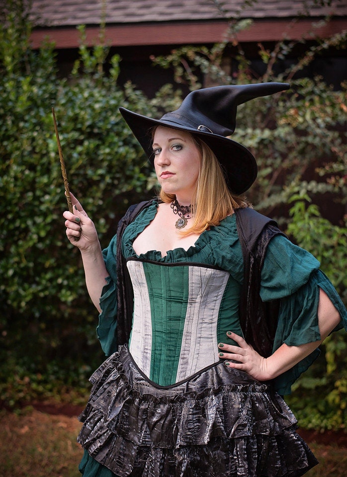 corset witch dress Witch Corset Costume in House Colors Green and Silver, Ambitious, Serpent, Wizard, World, Magic School, Witchcraft, Wizardry,