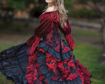 Royal Wild West Skirt, Embroidery with burgundy and black fancy ruffles, High-Low Ruffles, Pirate, Renaissance, Steampunk, Saloon Girl Skirt