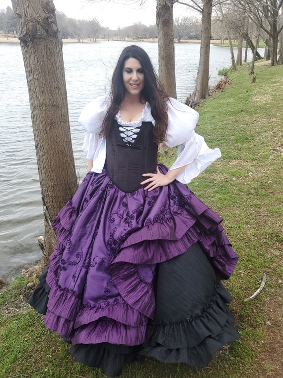 Falda pirata arrugada negra de lujo, vestido de baile de vampiro