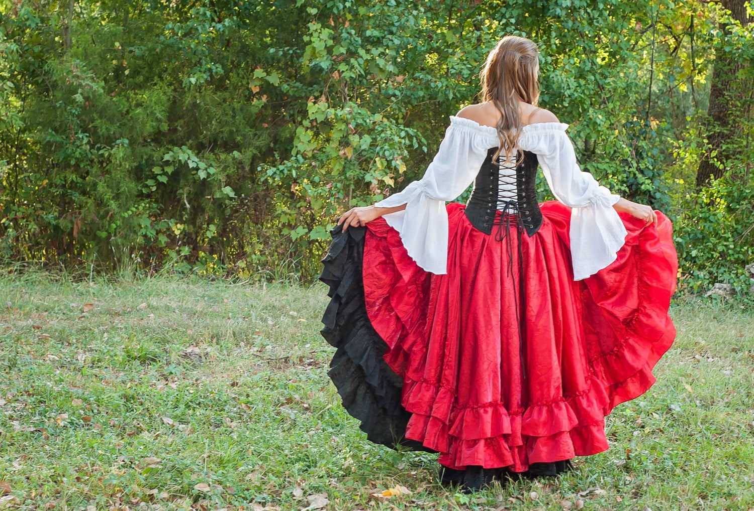 Red and Black Corset Costume, Pirate, Steampunk, Renaissance Festival, Ren Fair, faire, Peasant Blouse, Shirt, Chemise, Victorian, Western
