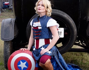 Captain America Inspired Steampunk Costume, Corset, Superhero, Cosplay, Avengers, Comic Book Character, Patriotic, Super Hero, White Stars