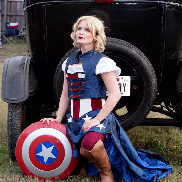 Captain America Inspired Steampunk Costume, Corset, Superhero, Cosplay, Avengers, Comic Book Character, Patriotic, Super Hero, White Stars