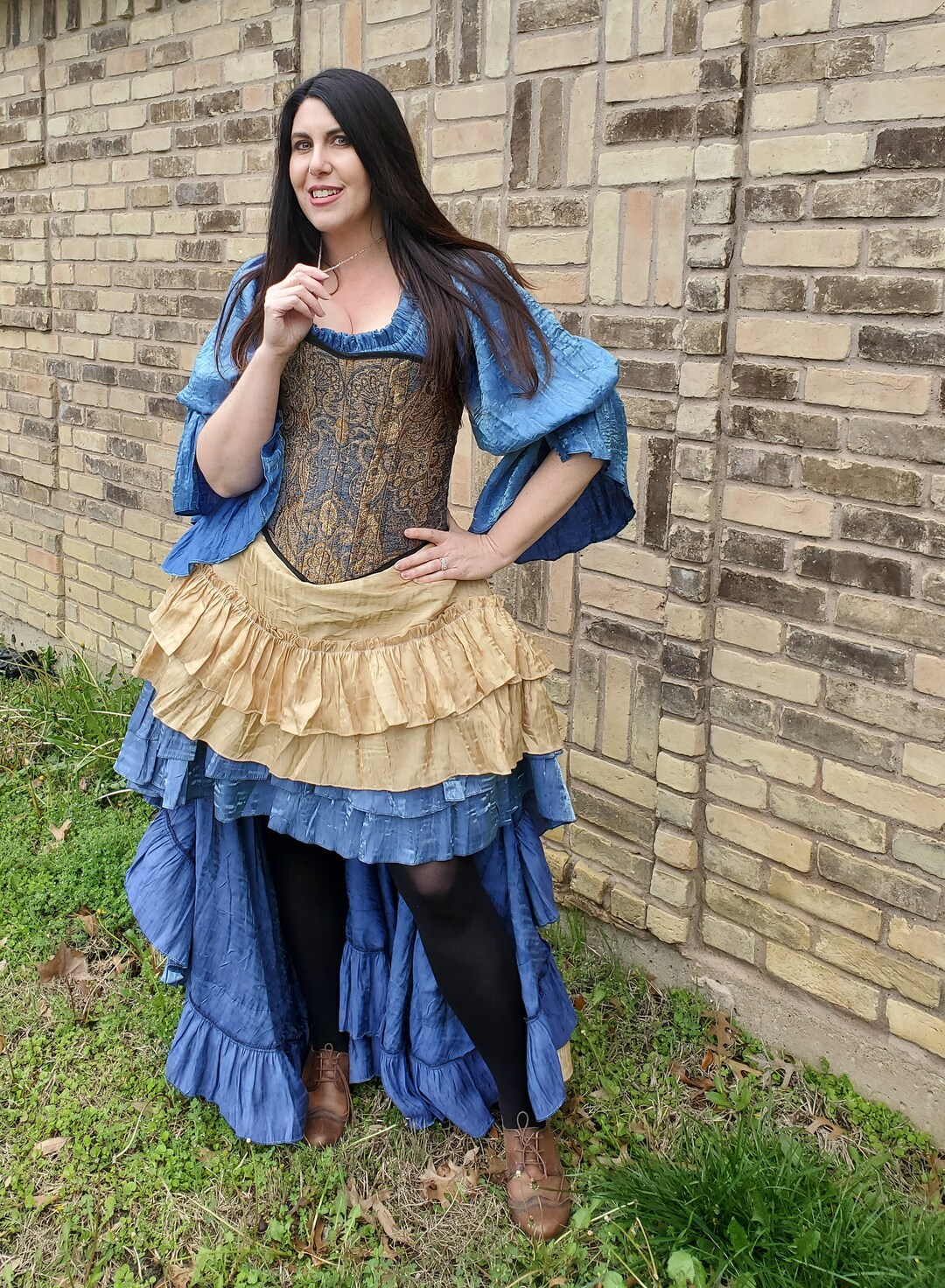 Light Blue, Gold Corset, Steel Boned, Steampunk, Victorian, Renaissance