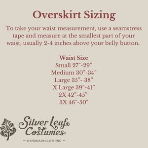 Puede incluir: Un gr&aacute;fico que muestra el tama&ntilde;o de la sobrefalda para diferentes medidas de cintura. El gr&aacute;fico incluye tallas desde la S hasta la 3X, con las medidas de cintura correspondientes en pulgadas. El texto "Overskirt Sizing" est&aacute; en la parte superior del gr&aacute;fico. El texto "Silver Leaf Costumes" est&aacute; en la parte inferior del gr&aacute;fico.