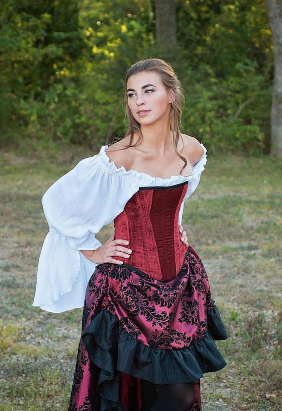 Burgundy and Black Steampunk Skirt, Pirate, Ruffle Skirt, Hi-low