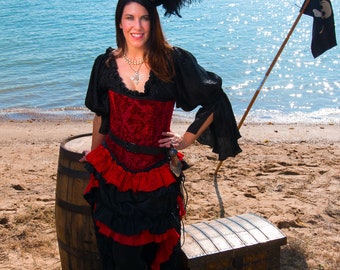 Schwarz Schwarz mit roten Rüschen Piraten Rock, Western, Steampunk, Wilder Westen, Viktorianisch, Pirat, Wilde-Westen-Welt, High-Low, Renaissance