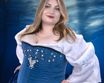Mermaid Sapphire Corset with Jewels, Fairy, Steampunk, Pirate, Renaissance, Victorian, Halloween, Cosplay, Steel-Boned, Ren Fair