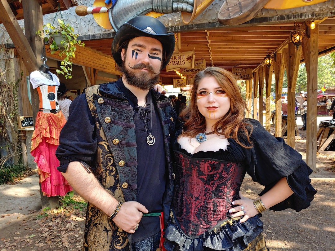 Couple Pirate Costume Gold and Red, Pirate Jacket, Pirate Corset