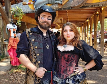 Couple Pirate Costume Gold and Red, Pirate Jacket, Pirate Corset, Chemise, Saloons Skirt, Wild West Skirt, Ren Faire, Pirates, Halloween