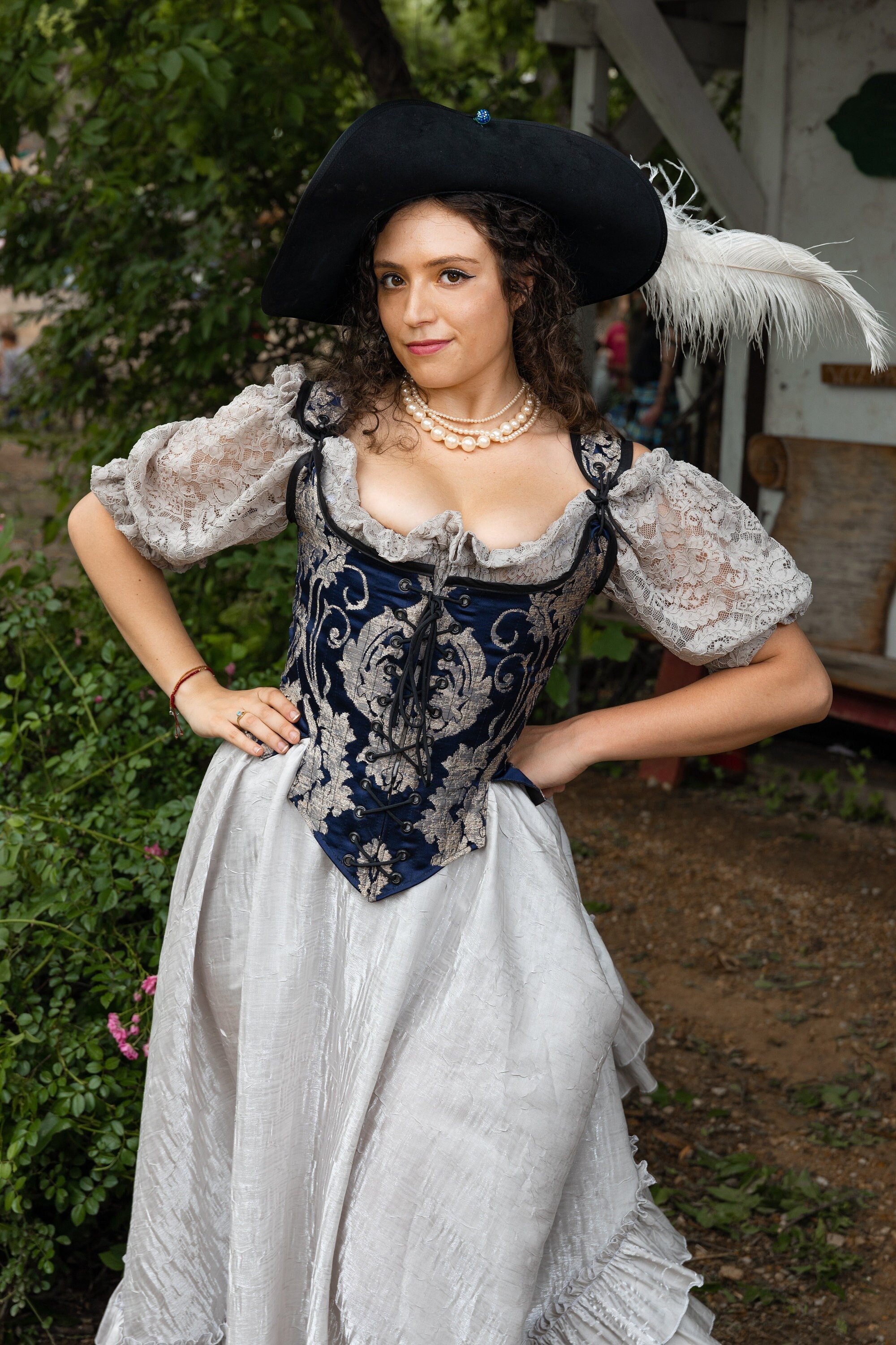 pirate corset dress Full Outfit Navy, Corset, front lace, back lace, with straps, Victorian, Elizabethan, Renaissance, Steampunk, Stays, GOLDEN BEIGE PEPLUM TRUMPET Type:Tops Corset top designer fabric Color:Crystal Rose