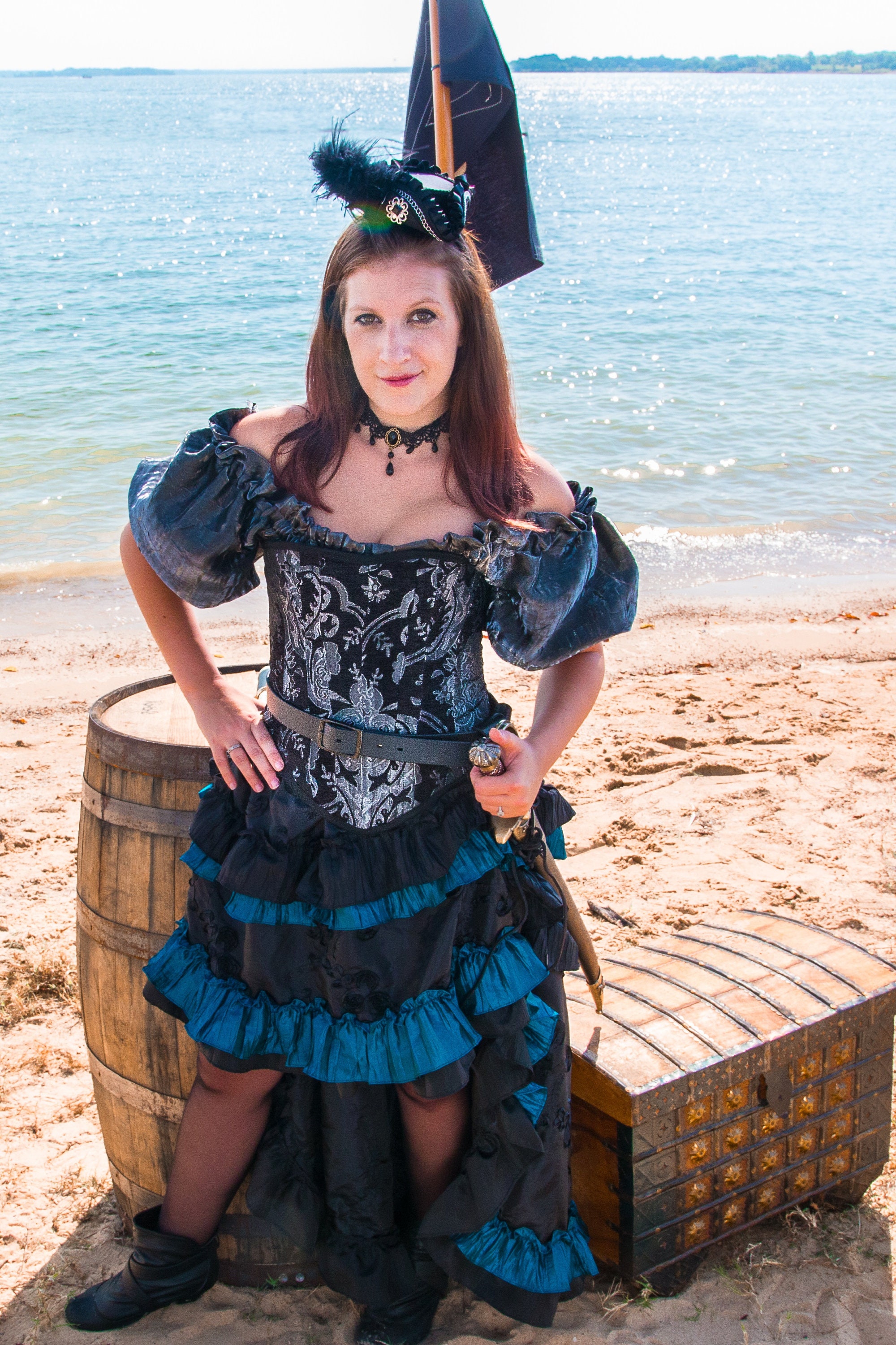 Silver Black and Teal Pirate Costume With Corset Chemise photo