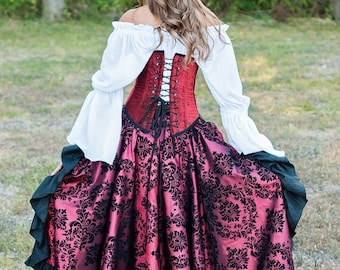 Burgundy and Black Steampunk Skirt, Pirate, Ruffle Skirt, Hi-Low, Victorian, Western, Wild West World, Airship, Renaissance Festival