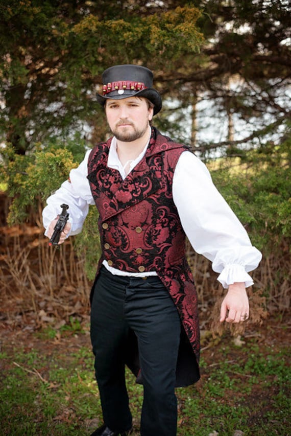 Airship Pirate Coat Black and Red Victorian Steampunk 