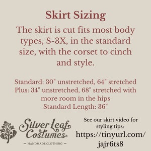 May include: Skirt Sizing information for a skirt that fits sizes S-3X. The skirt is 30 inches unstretched and 64 inches stretched. The plus size skirt is 34 inches unstretched and 68 inches stretched. The standard length is 36 inches. The text also includes a link to a video for styling tips. The text is in brown on a beige background.
