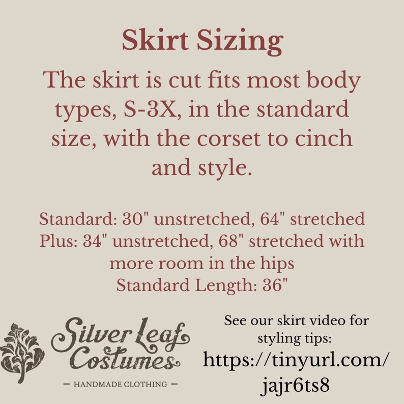 May include: Skirt Sizing information for a skirt that fits sizes S-3X. The skirt is 30 inches unstretched and 64 inches stretched. The plus size skirt is 34 inches unstretched and 68 inches stretched. The standard length is 36 inches. The text also includes a link to a video for styling tips. The text is in brown on a beige background.