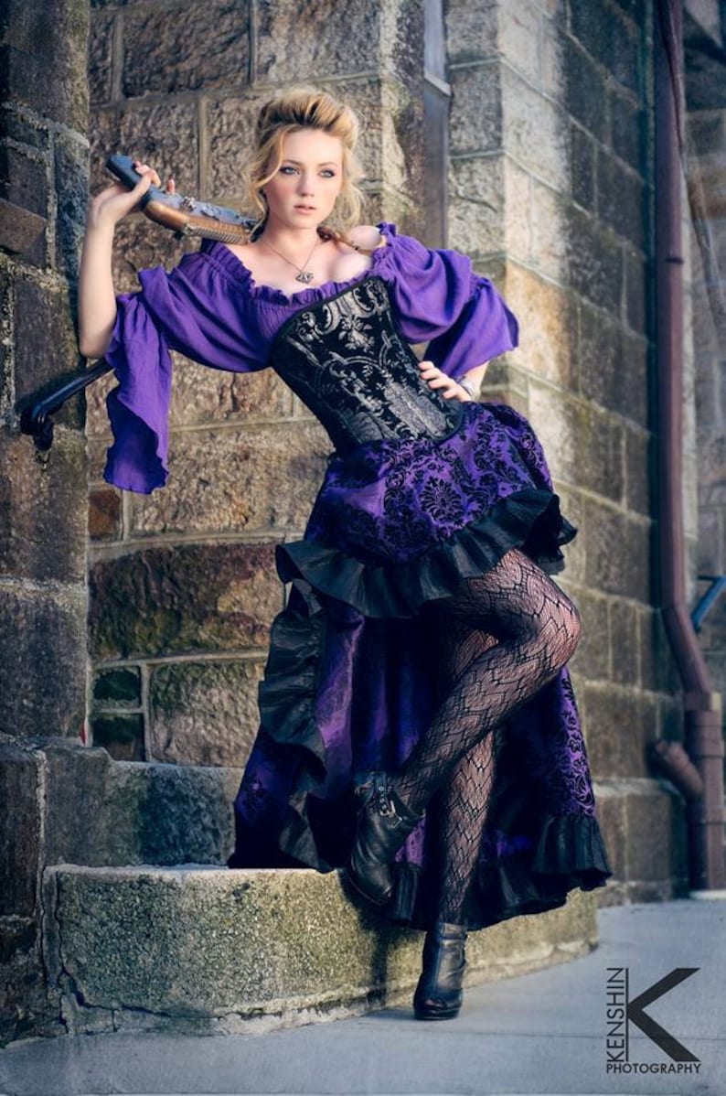 Steampunk Skirts | Bustle Skirts, Lace Skirts, Ruffle Skirts     Purple Cotton Chemise Steampunk Victorian Renaissance Medieval Western Dustpunk Peasant Blouse Pirate Fairy Shirt Femme Pirate $75.00 AT vintagedancer.com